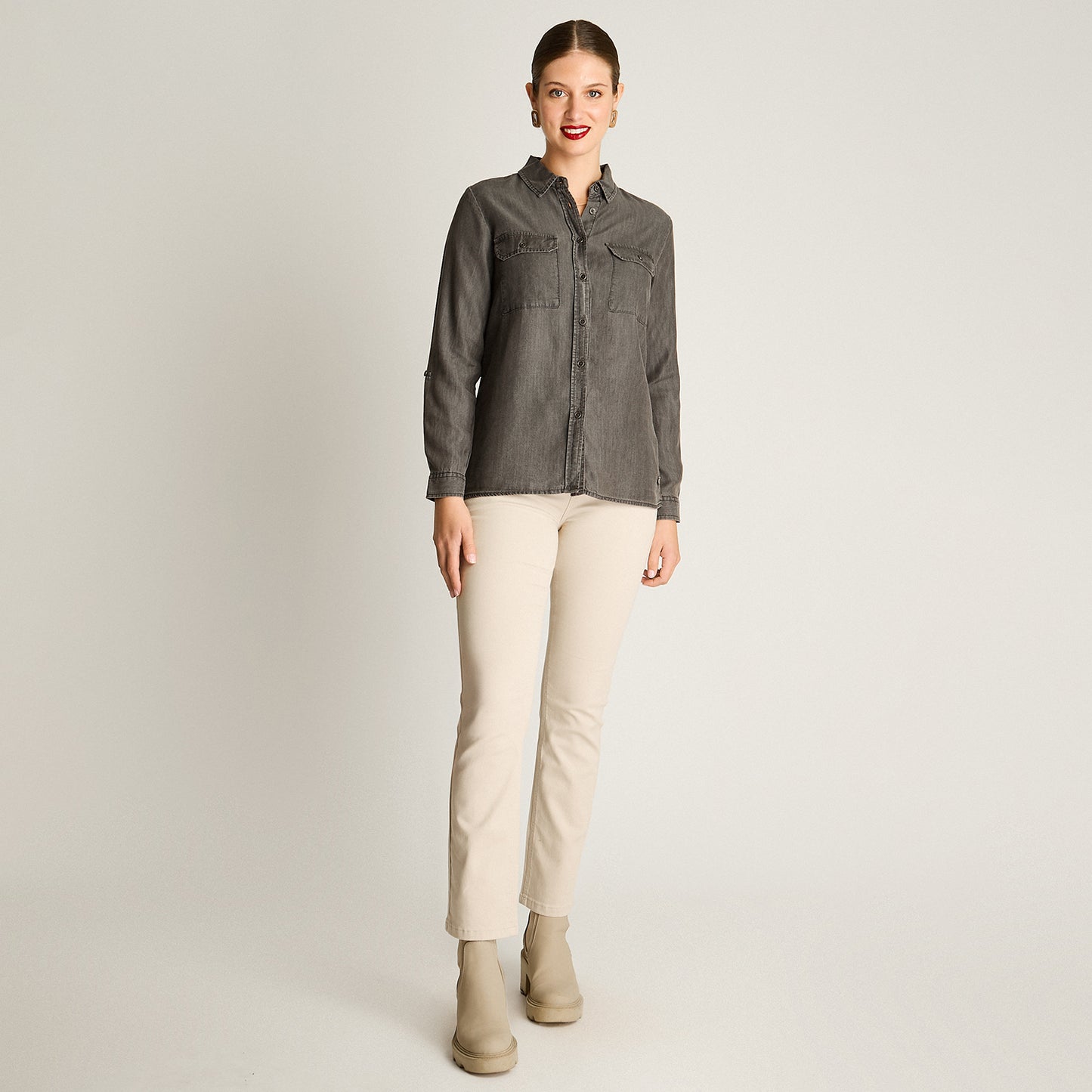 Blusa Gris Manga Larga Elasticidad Nula Sin Forro Calce Normal Tela Plano