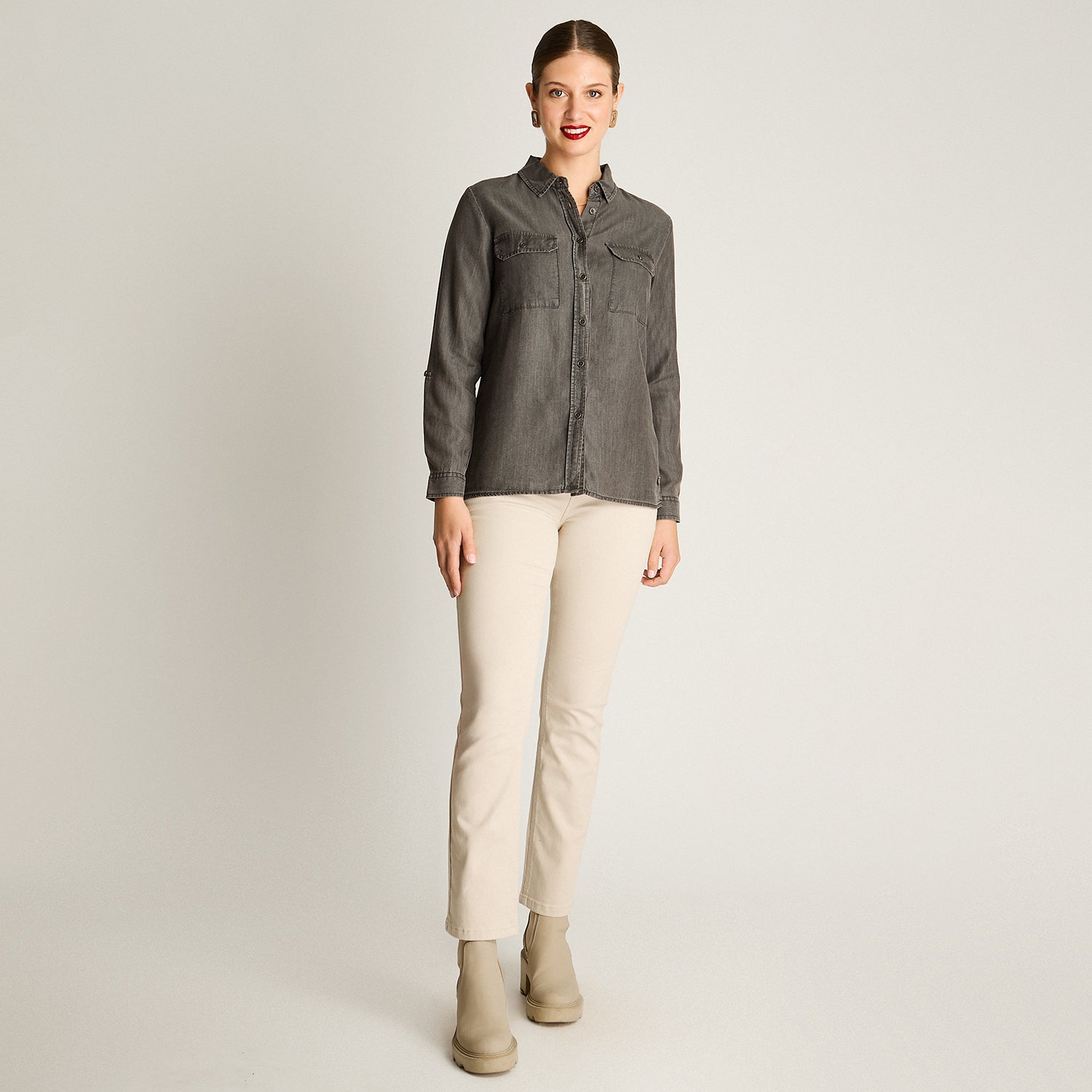 Blusa Gris Manga Larga Elasticidad Nula Sin Forro Calce Normal Tela Plano