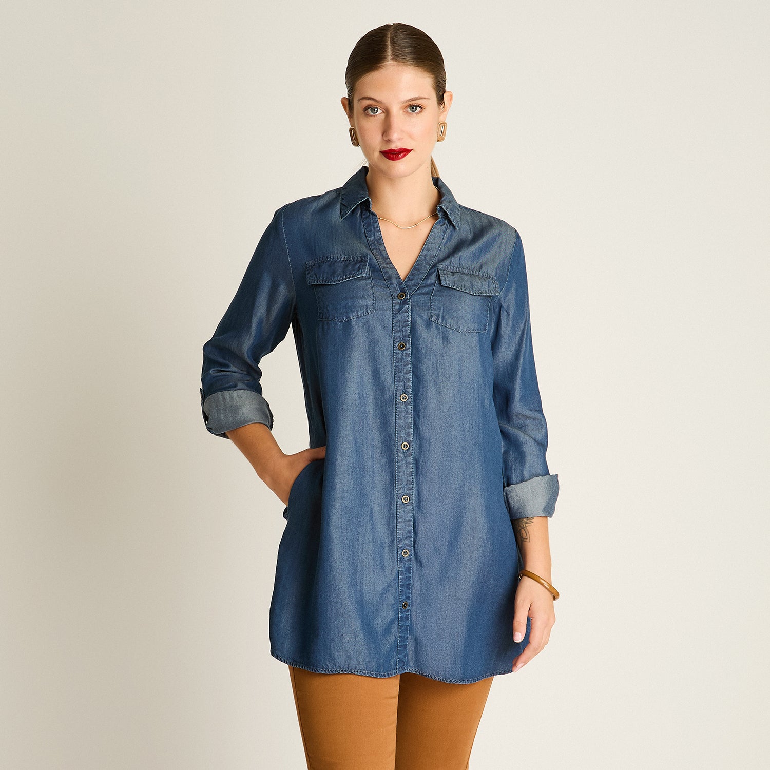 Blusa Blue Medio Manga Larga Elasticidad Nula Sin Forro Calce Holgado Tela Plano