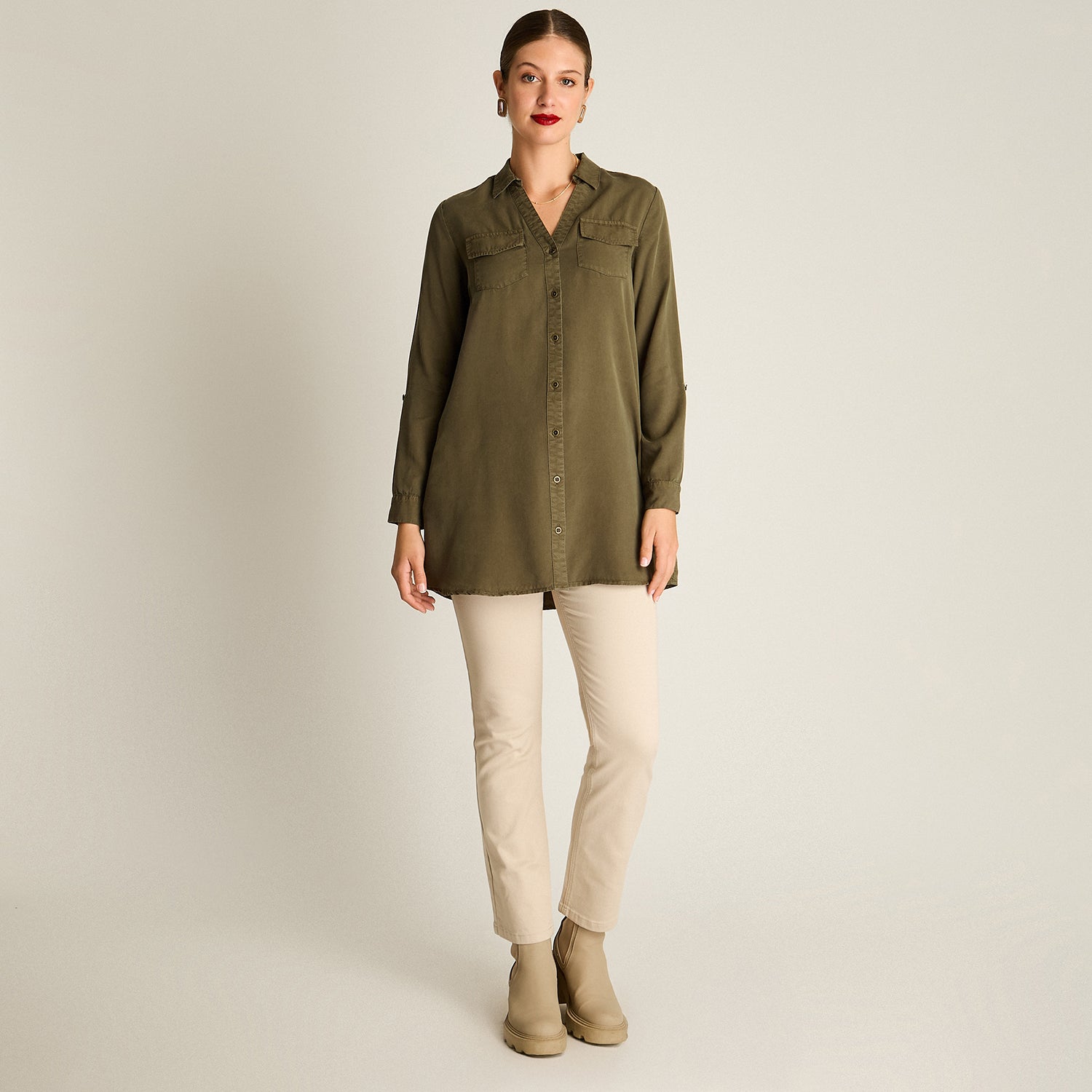 Blusa Verde Manga Larga Elasticidad Nula Sin Forro Calce Holgado Tela Plano