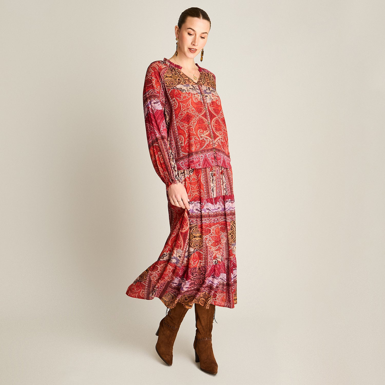 Blusa Terracota Manga Larga Elasticidad Nula Sin Forro Calce Normal Tela Plano