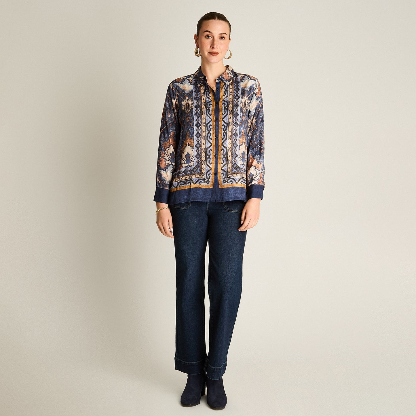 Blusa Azul Manga Larga Elasticidad Nula Sin Forro Calce Normal Tela Plano