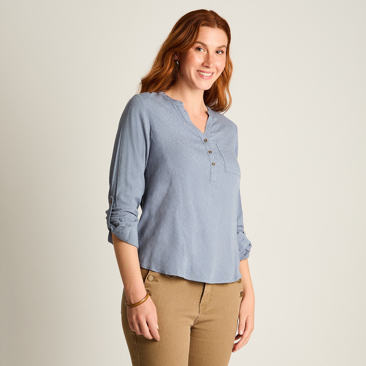 Blusa Indigo Manga Larga Elasticidad Nula Sin Forro Calce Normal Tela Plano