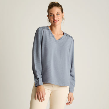 Blusa Indigo Manga Larga Elasticidad Nula Sin Forro Calce Normal Tela Plano