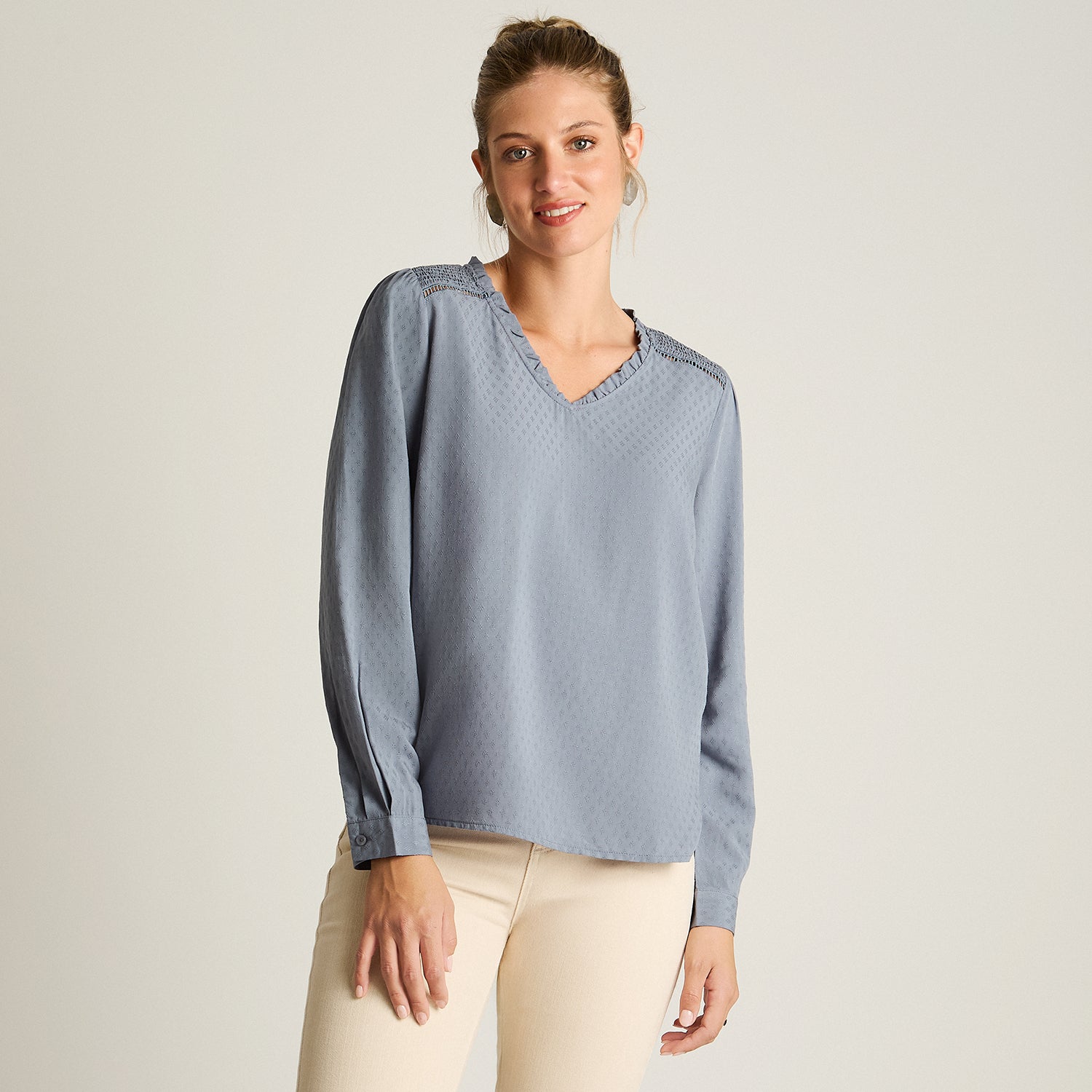 Blusa Indigo Manga Larga Elasticidad Nula Sin Forro Calce Normal Tela Plano