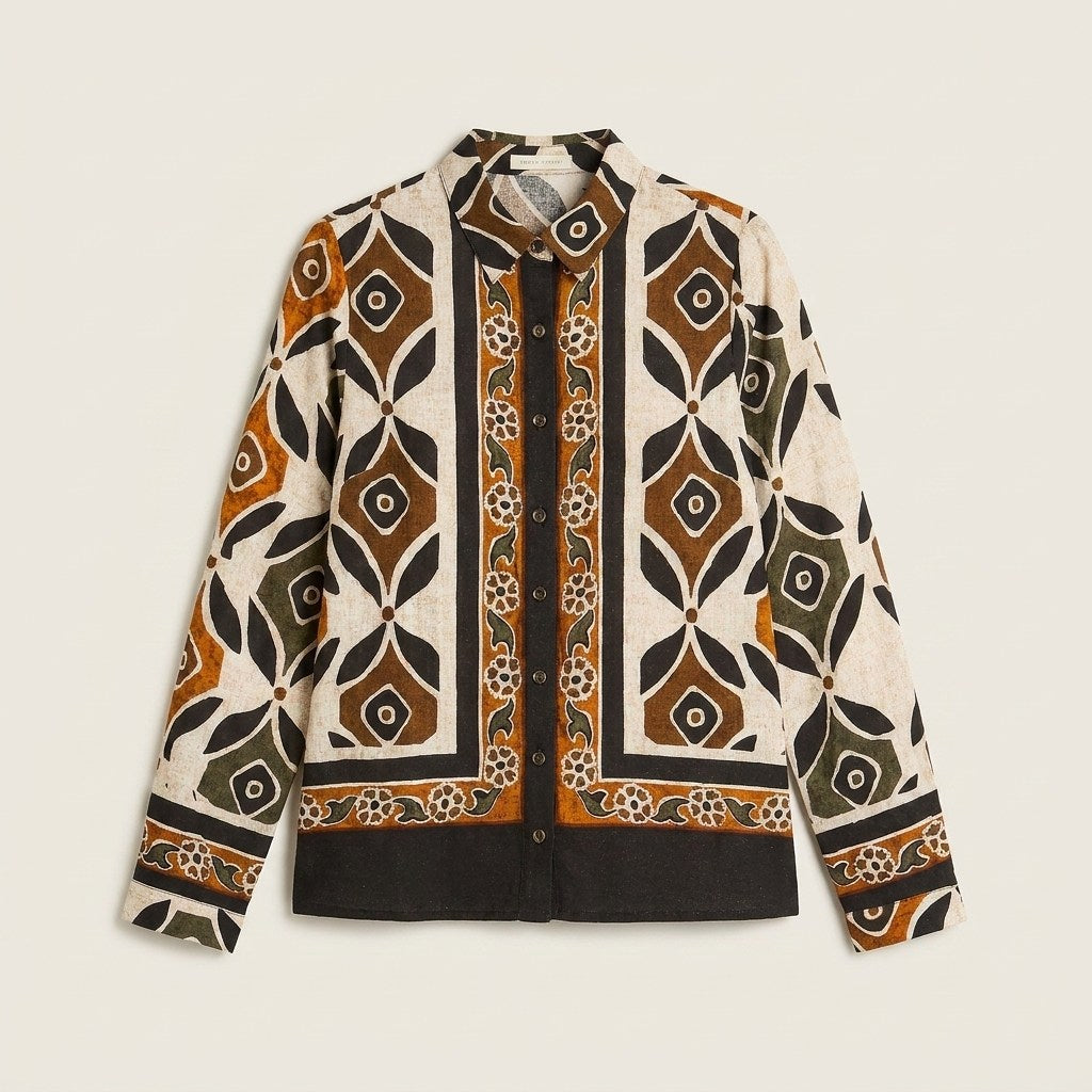 Blusa Camel Manga Larga Con Estampado Geométrico Floral en plano