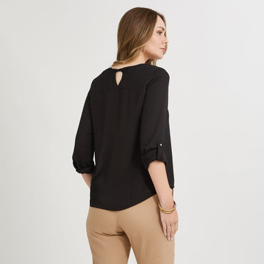 Blusa Lisa Escote Redondo Manga Roll Up Negro