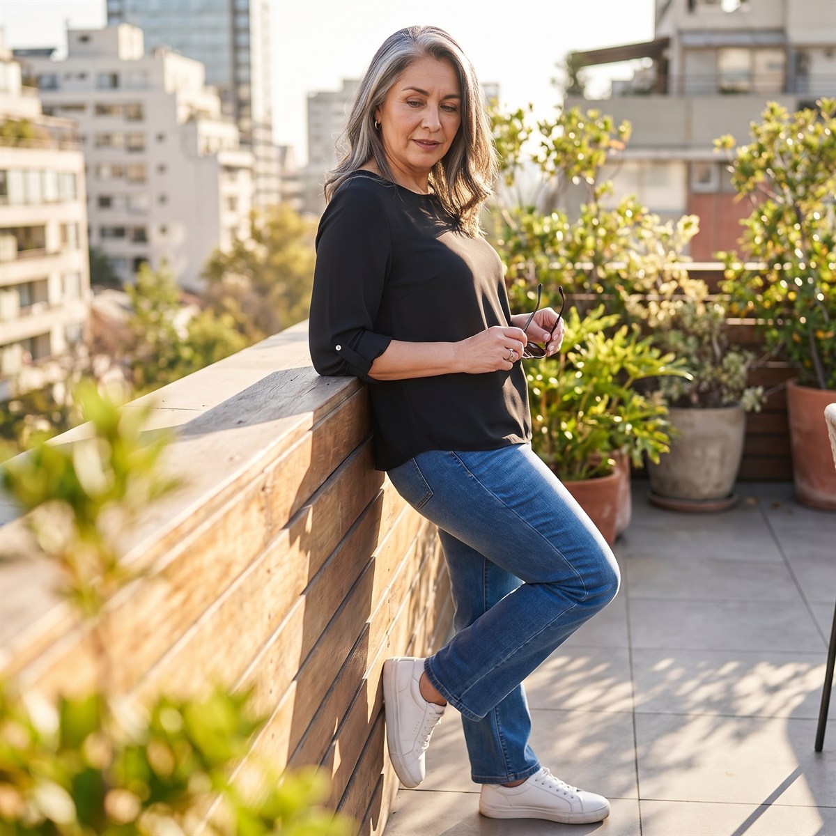 Blusa Lisa Escote Redondo Manga Roll Up Negro lifestyle