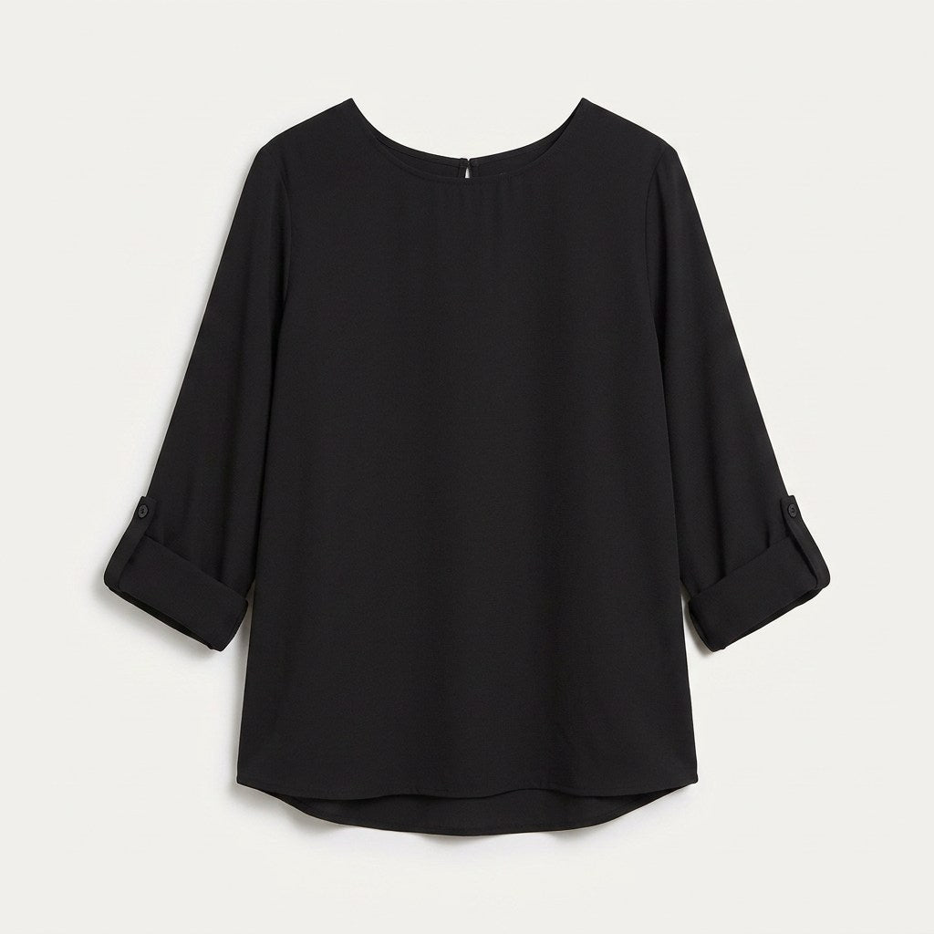 Blusa Lisa Escote Redondo Manga Roll Up Negro en plano