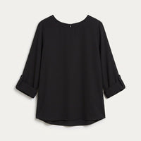 Blusa Lisa Escote Redondo Manga Roll Up Negro en plano