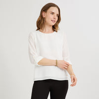 Blusa Lisa Escote Redondo Manga Roll Up Blanco