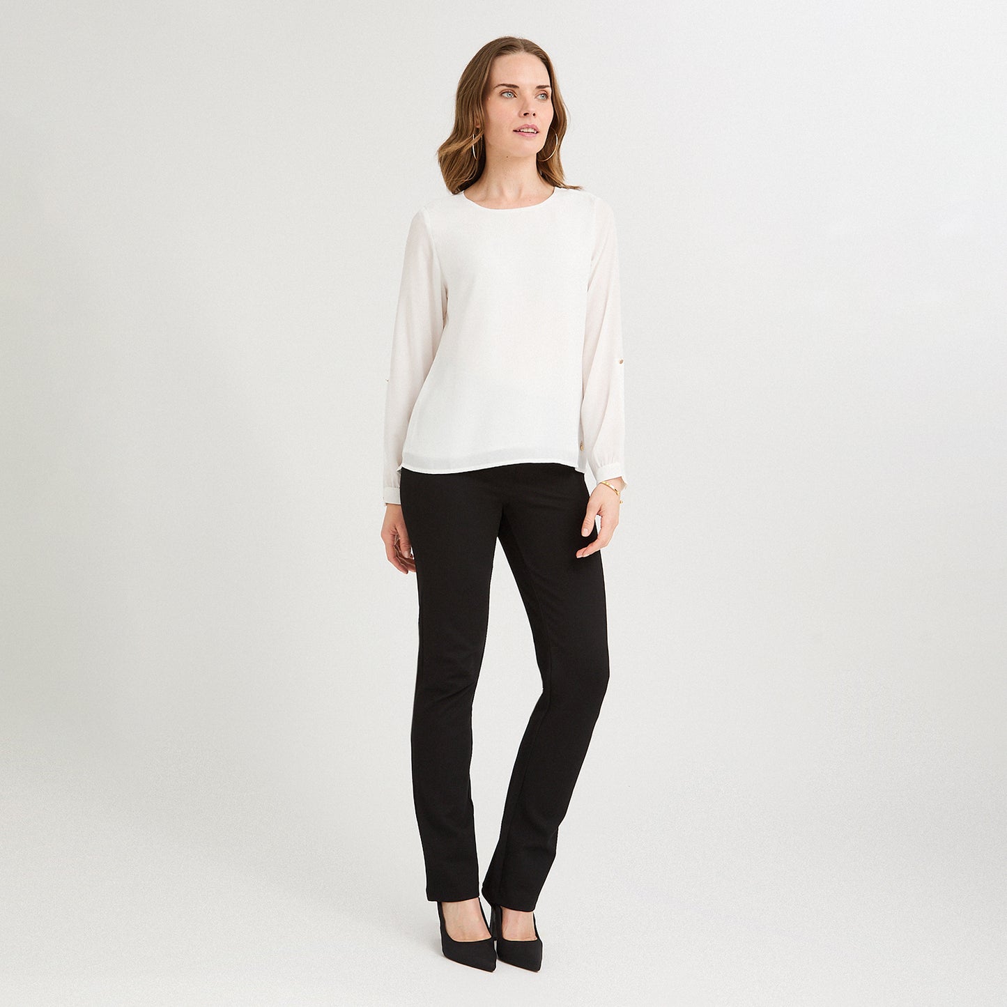 Blusa Lisa Escote Redondo Manga Roll Up Blanco