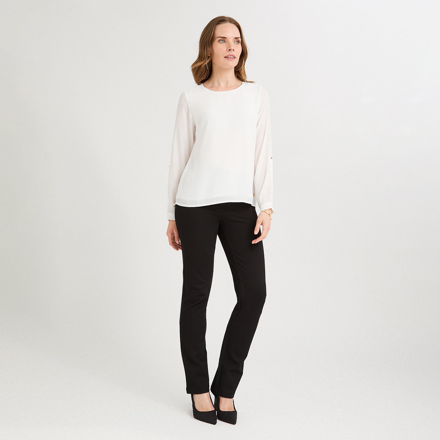Blusa Lisa Escote Redondo Manga Roll Up Blanco