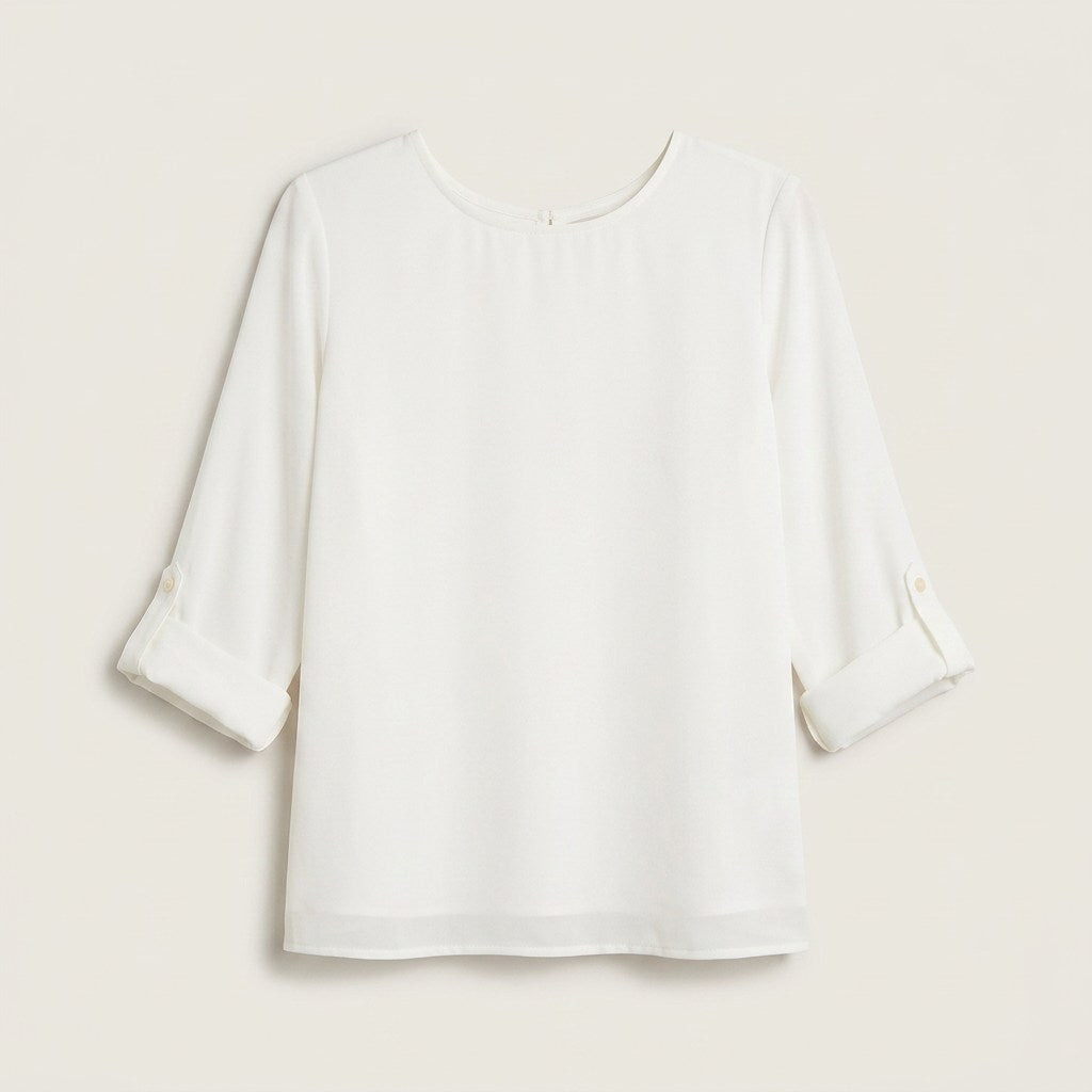 Blusa Lisa Escote Redondo Manga Roll Up Blanco en plano