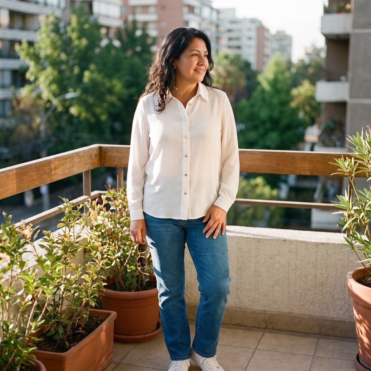 Blusa Manga Larga con Botones Blanco lifestyle