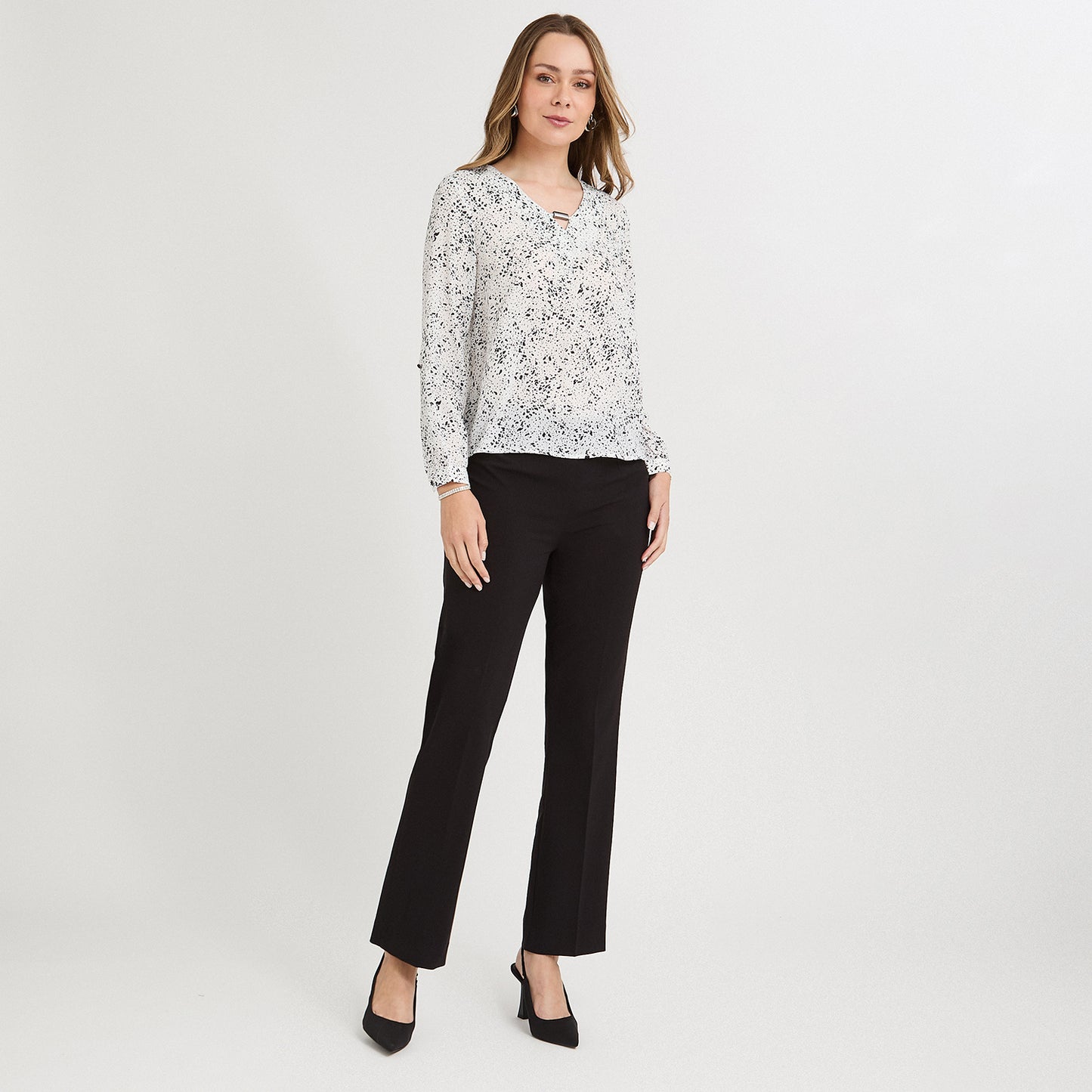 Blusa Manga Larga Escote V Estampada Crudo
