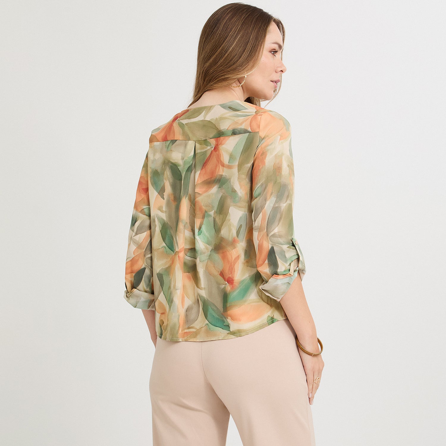 Blusa Manga Larga Escote V Estampada Terracota