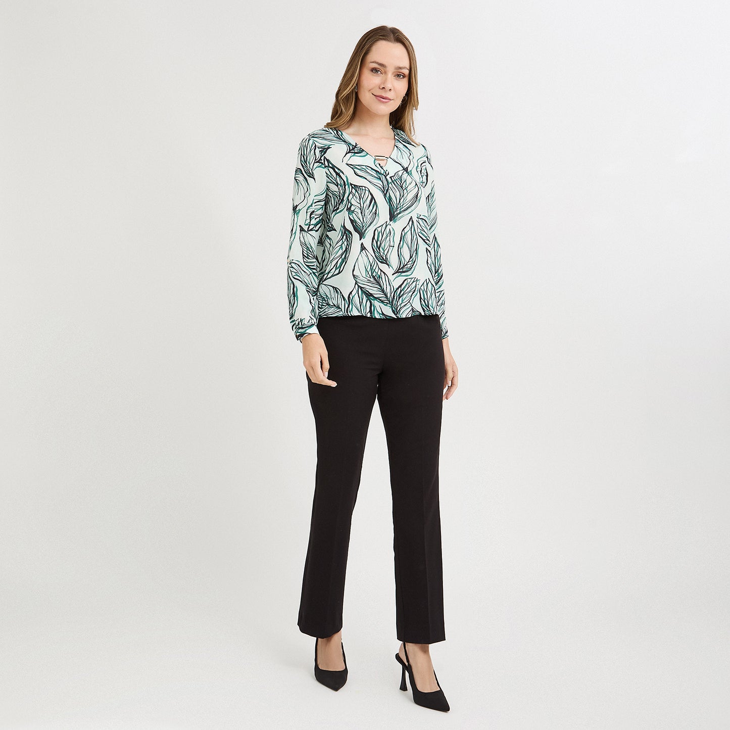 Blusa Manga Larga Escote V Estampada Verde