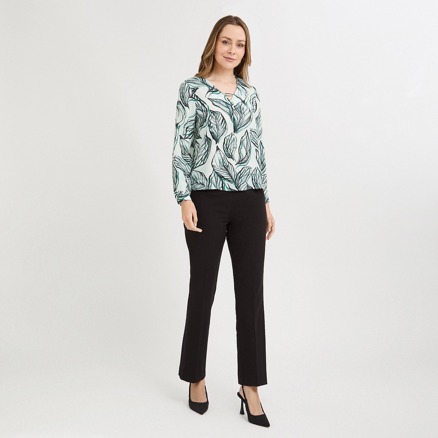 Blusa Manga Larga Escote V Estampada Verde