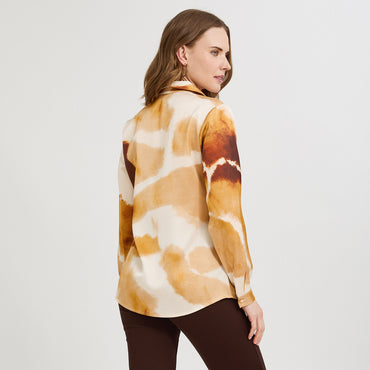 Blusa Manga Larga de Satin con Botones Estampada Terracota