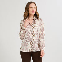 Blusa Manga Larga de Satin con Botones Estampada Beige