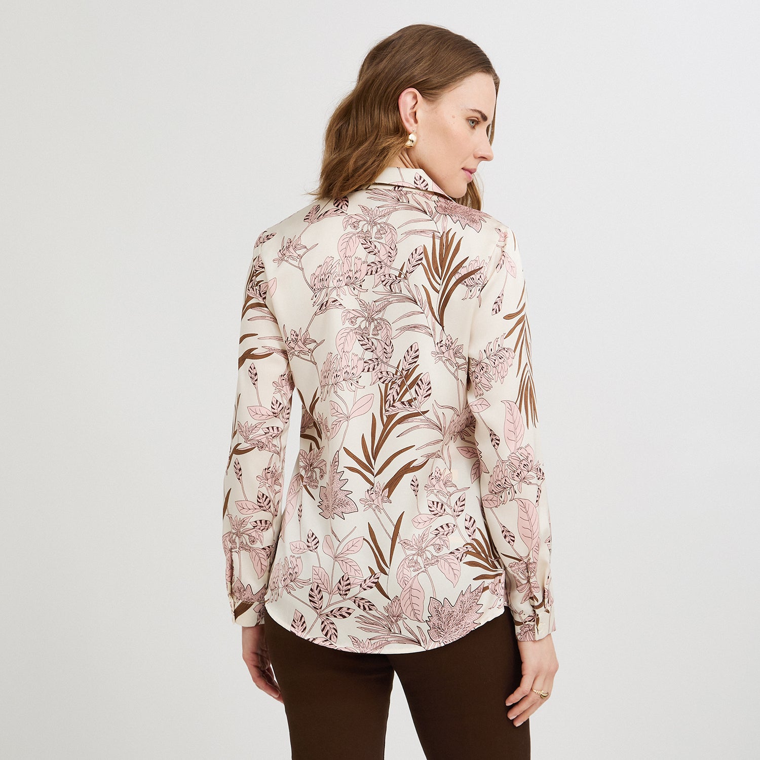 Blusa Manga Larga de Satin con Botones Estampada Beige