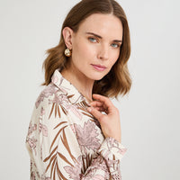 Blusa Manga Larga de Satin con Botones Estampada Beige