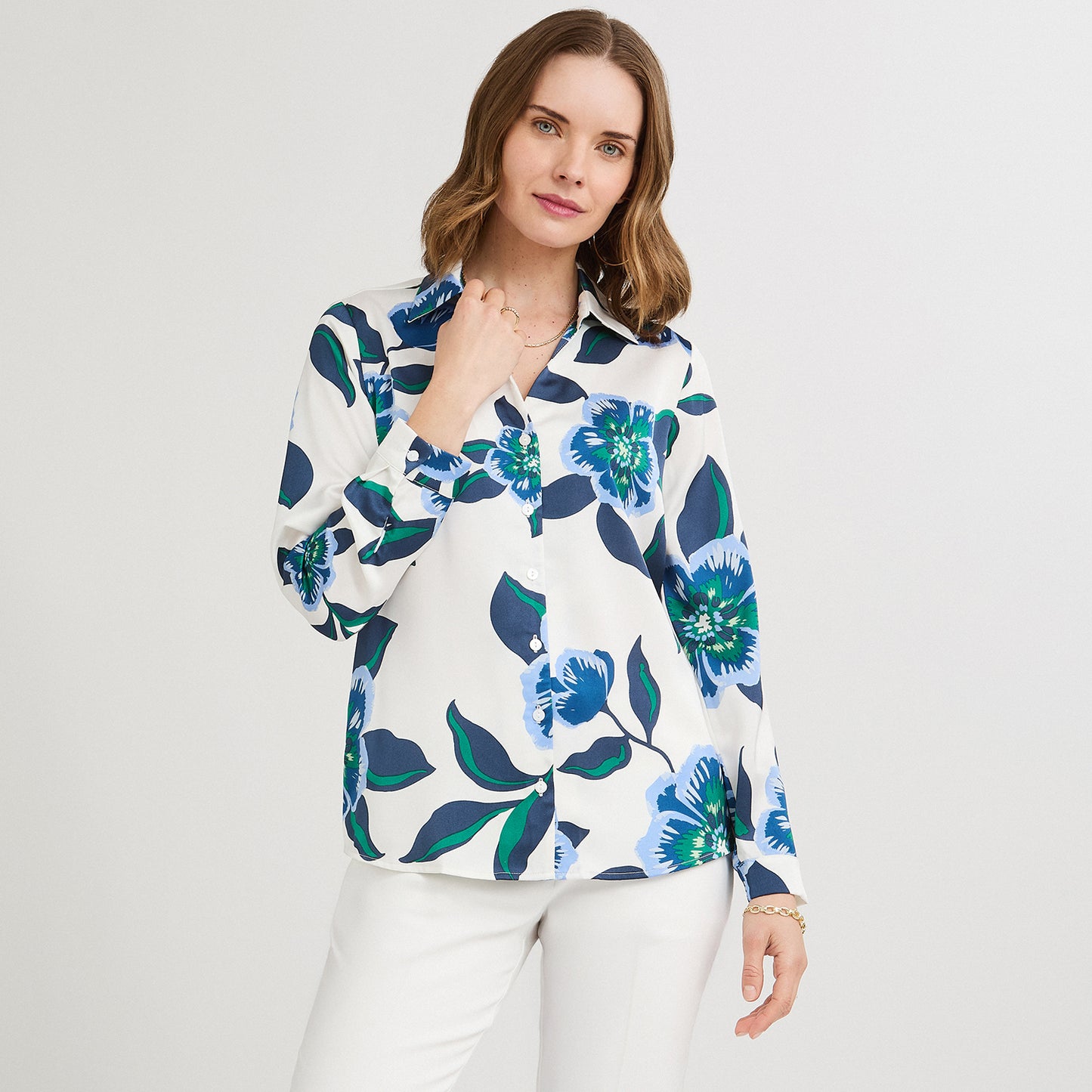 Blusa Manga Larga de Satin con Botones Estampada Azul