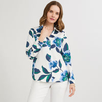 Blusa Manga Larga de Satin con Botones Estampada Azul