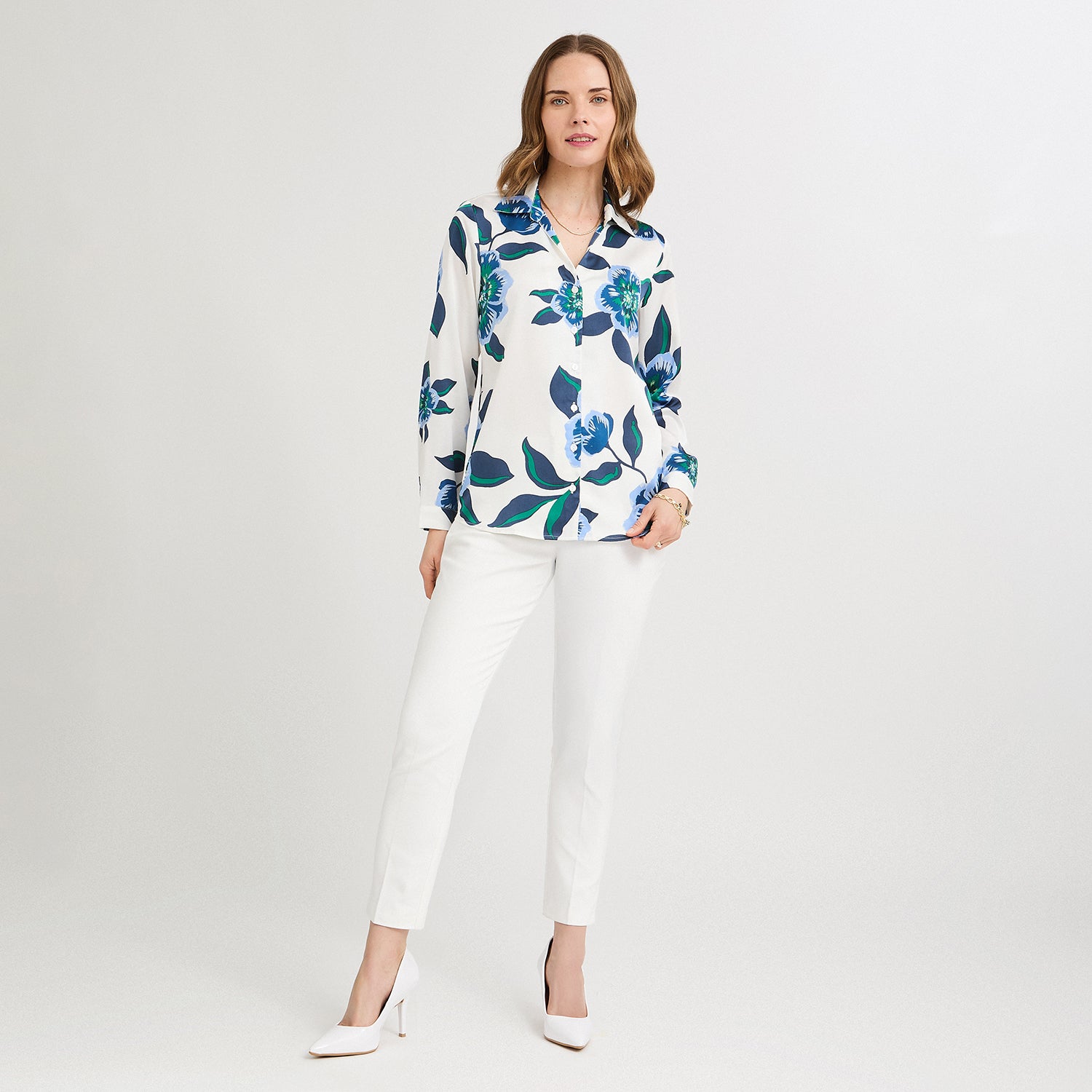 Blusa Manga Larga de Satin con Botones Estampada Azul