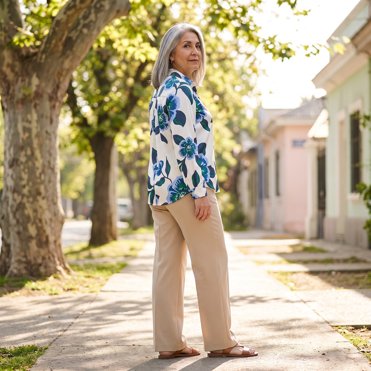 Blusa Manga Larga de Satin con Botones Estampada Azul lifestyle