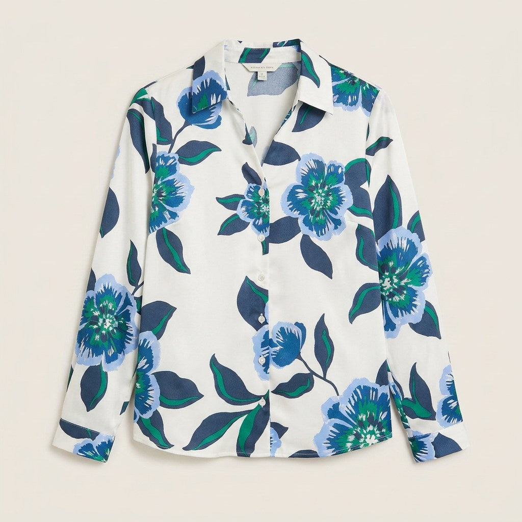 Blusa Manga Larga de Satin con Botones Estampada Azul en plano