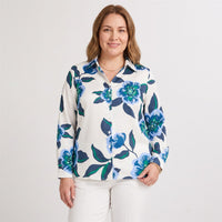 Blusa Manga Larga de Satin con Botones Estampada Azul en modelo plus size