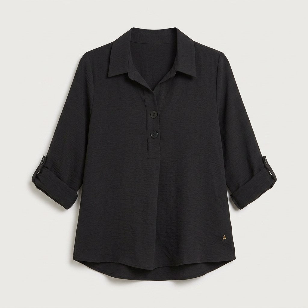 Blusa Manga Roll Up con Botones en Escote Negro en plano