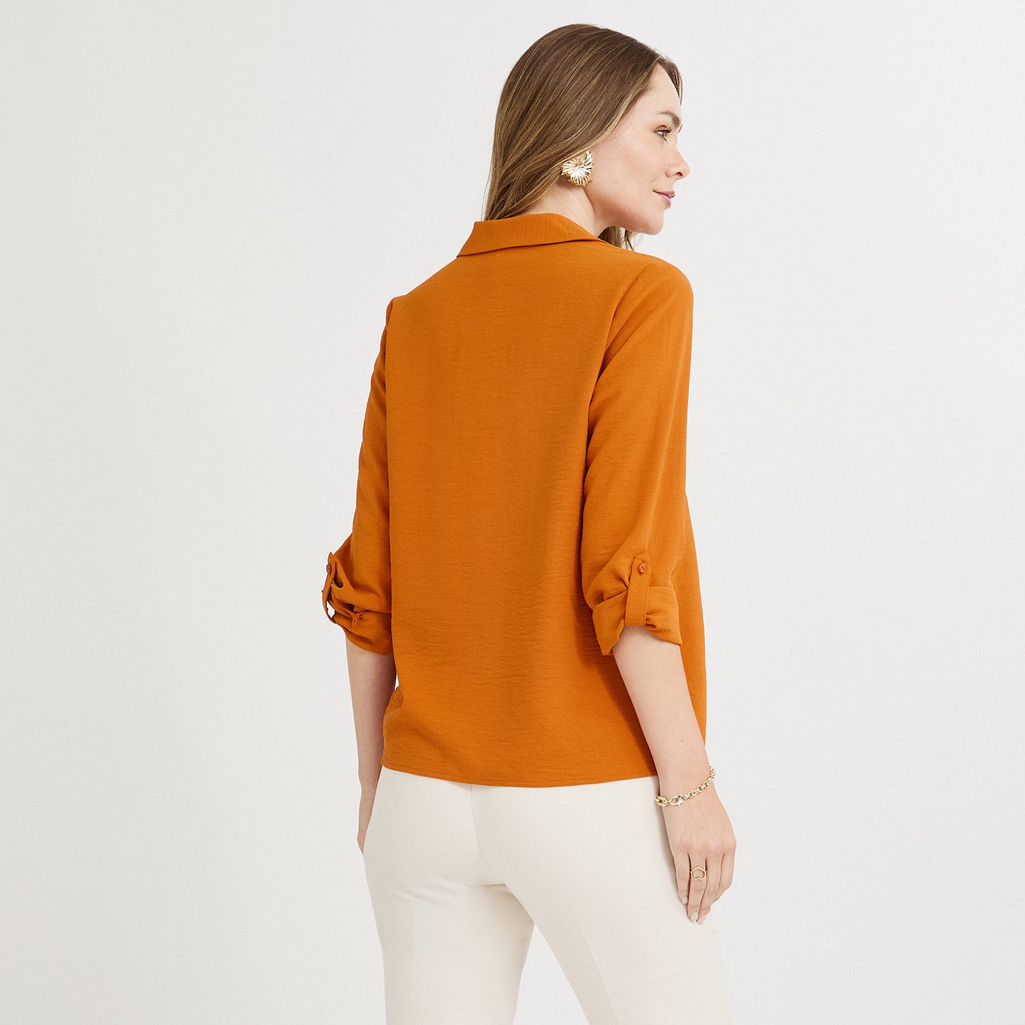 Blusa Manga Roll Up con Botones en Escote Terracota