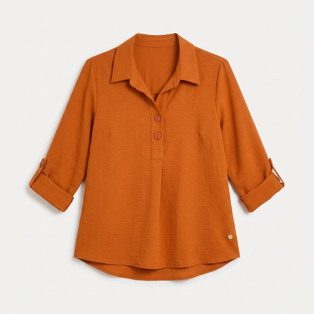 Blusa Manga Roll Up con Botones en Escote Terracota en plano