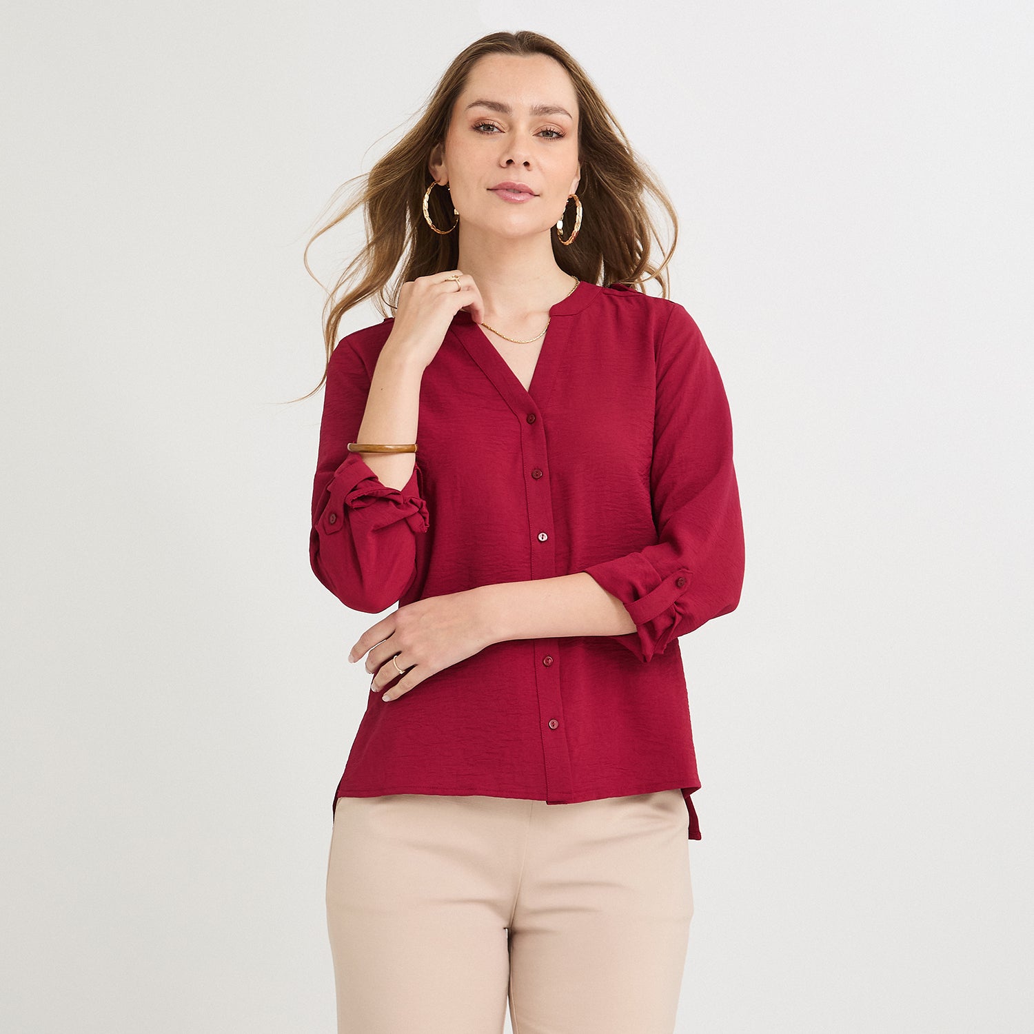 Blusa Manga Larga con Botones Frontales Rojo