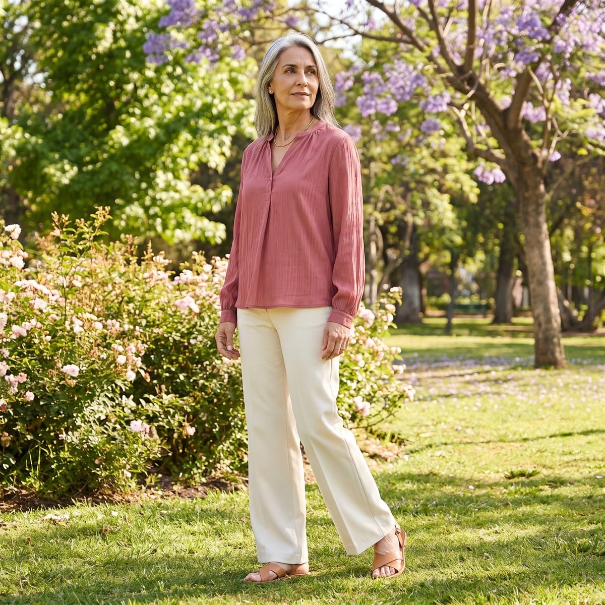 Blusa Escote Mao un Botón Rosado lifestyle