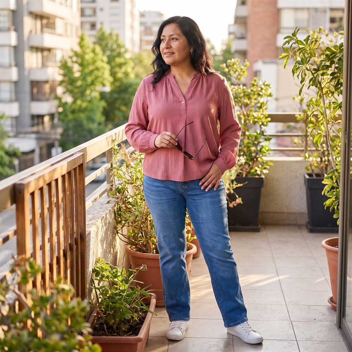 Blusa Escote Mao un Botón Rosado lifestyle