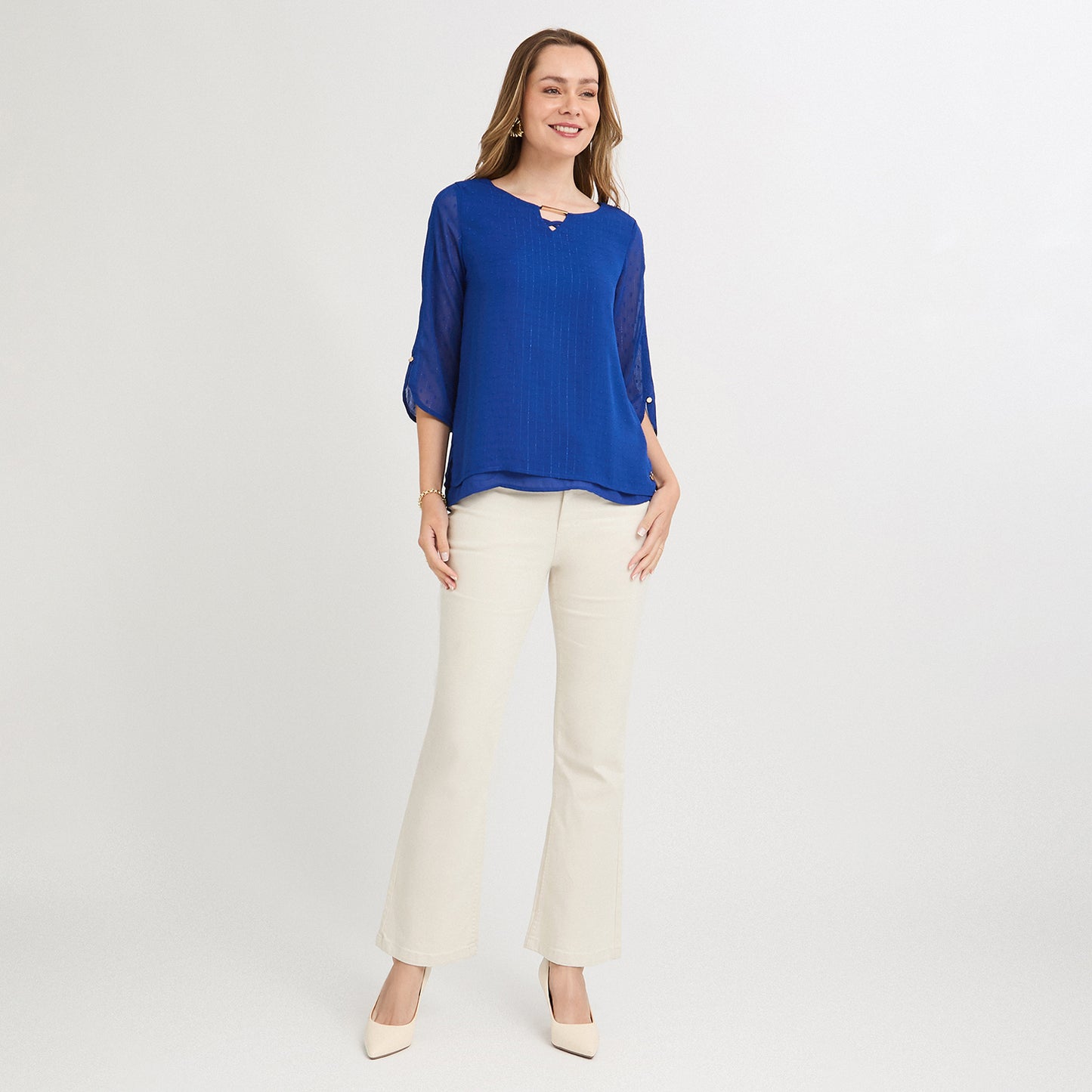 Blusa Manga 3/4 con Líneas de Lurex Azul