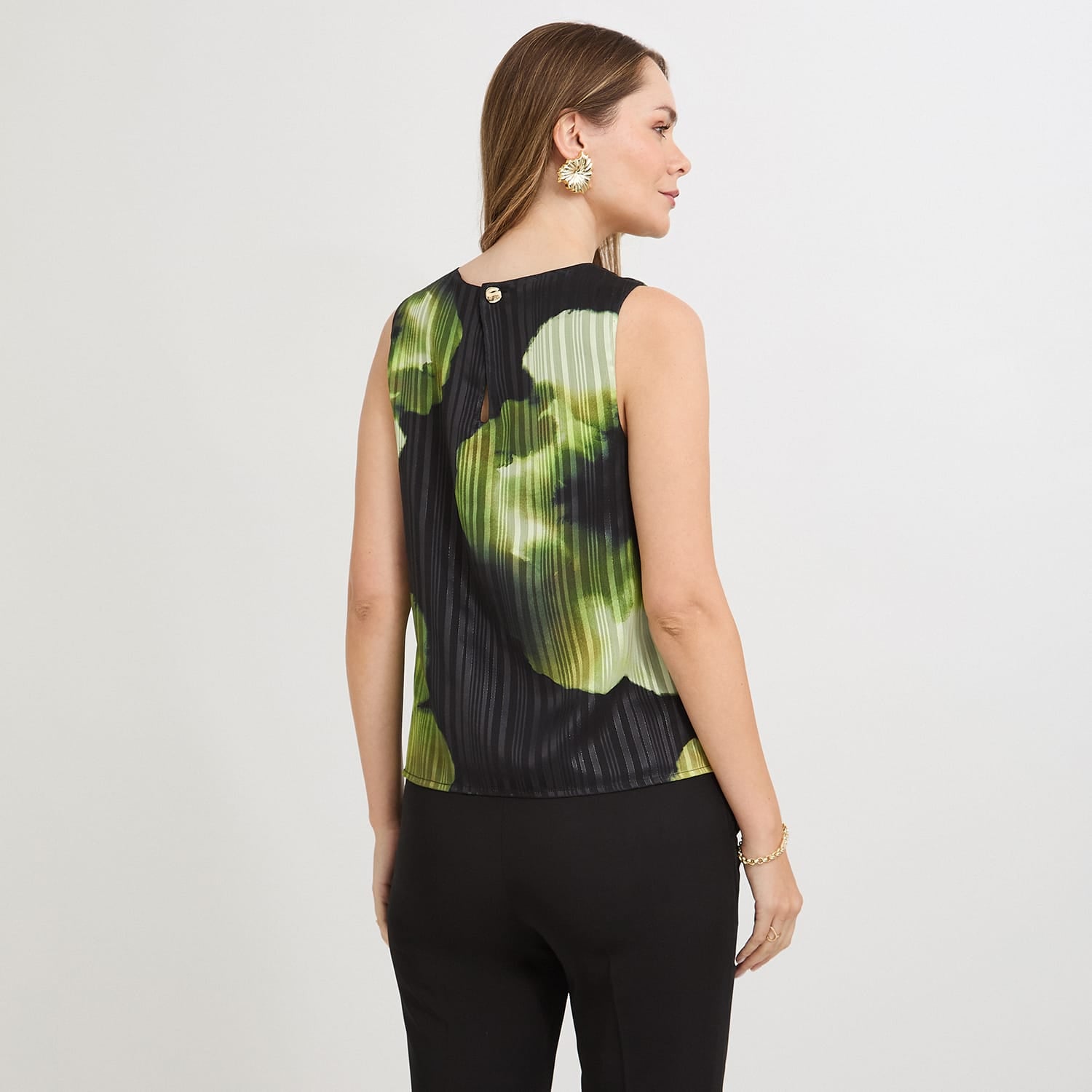 Blusa sin Mangas con Botón Estampada Verde