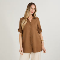 Blusa Blusón de Lino Manga Roll Up Liso Taupe