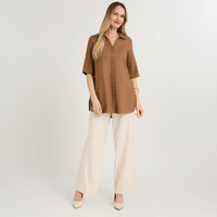 Blusa Blusón de Lino Manga Roll Up Liso Taupe