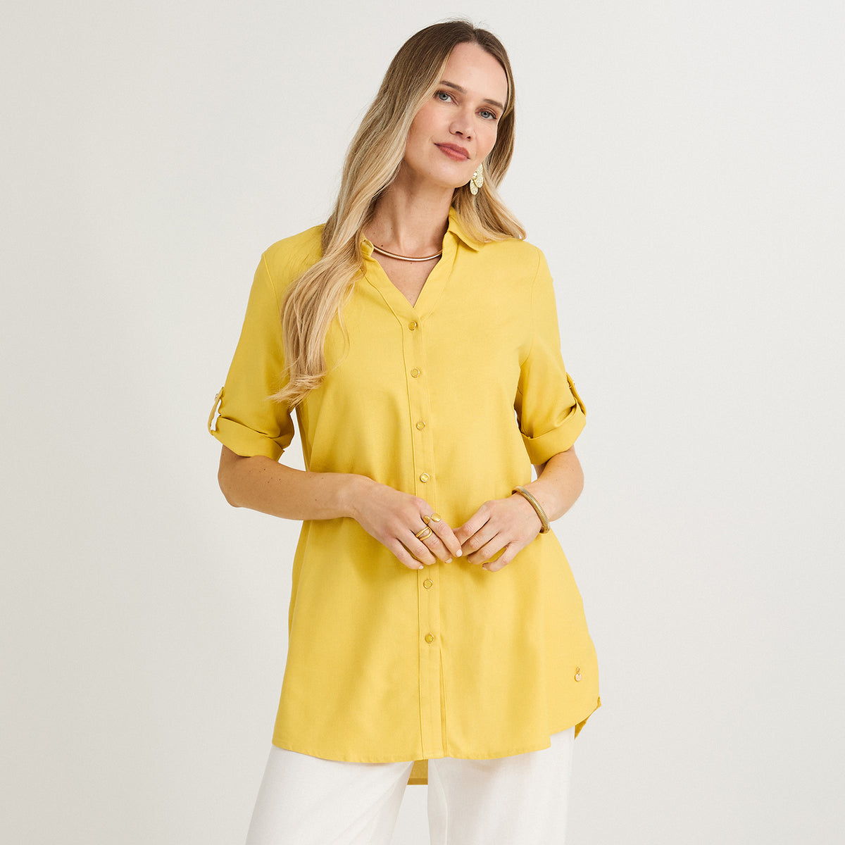 Blusa Blusón de Lino Manga Roll Up Liso Amarillo