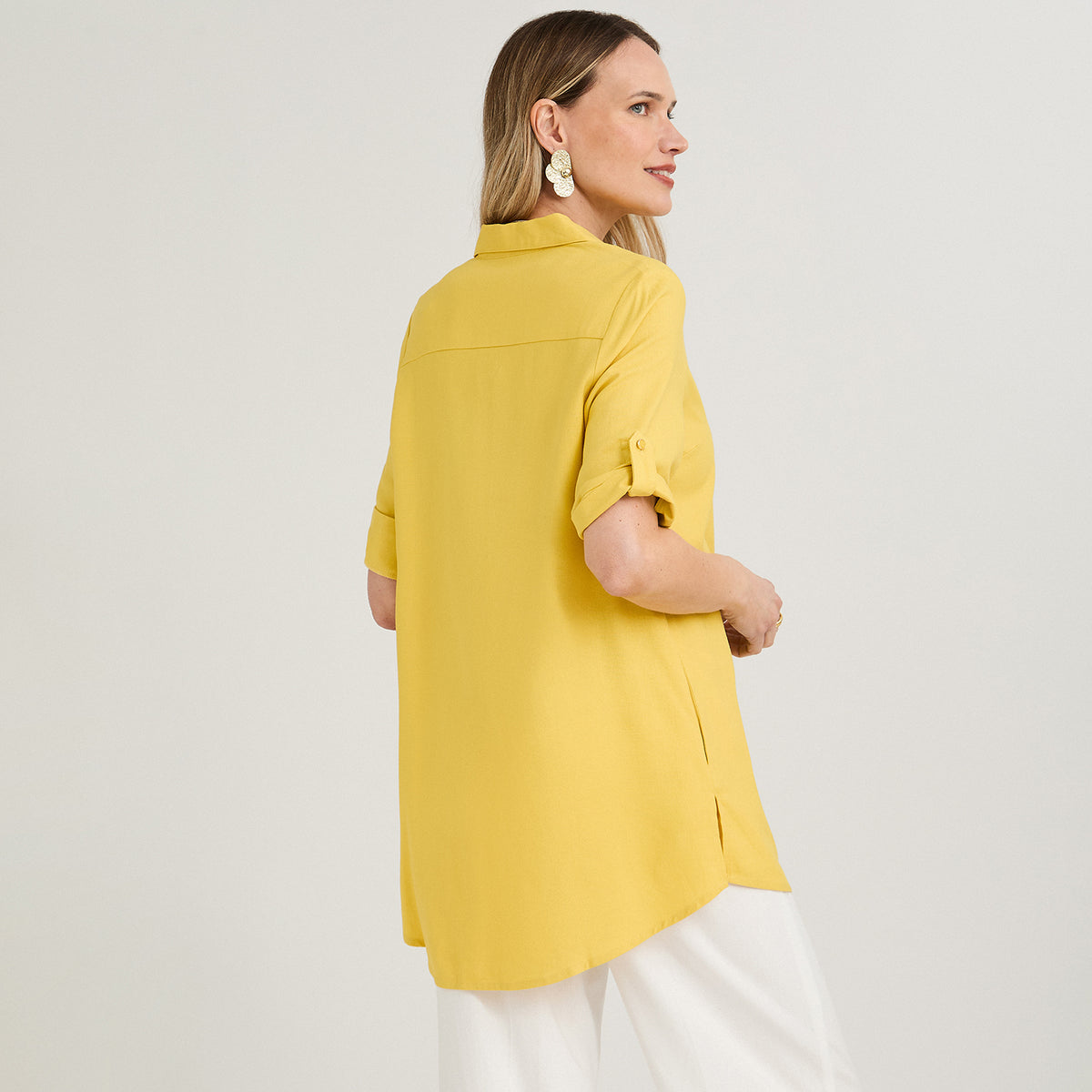 Blusa Blusón de Lino Manga Roll Up Liso Amarillo