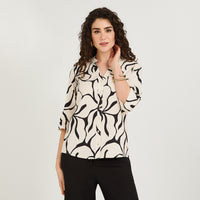 Blusa Lino Estampada Cuello Mao y Manga Roll Up Negro