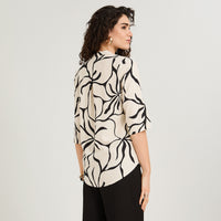 Blusa Lino Estampada Cuello Mao y Manga Roll Up Negro