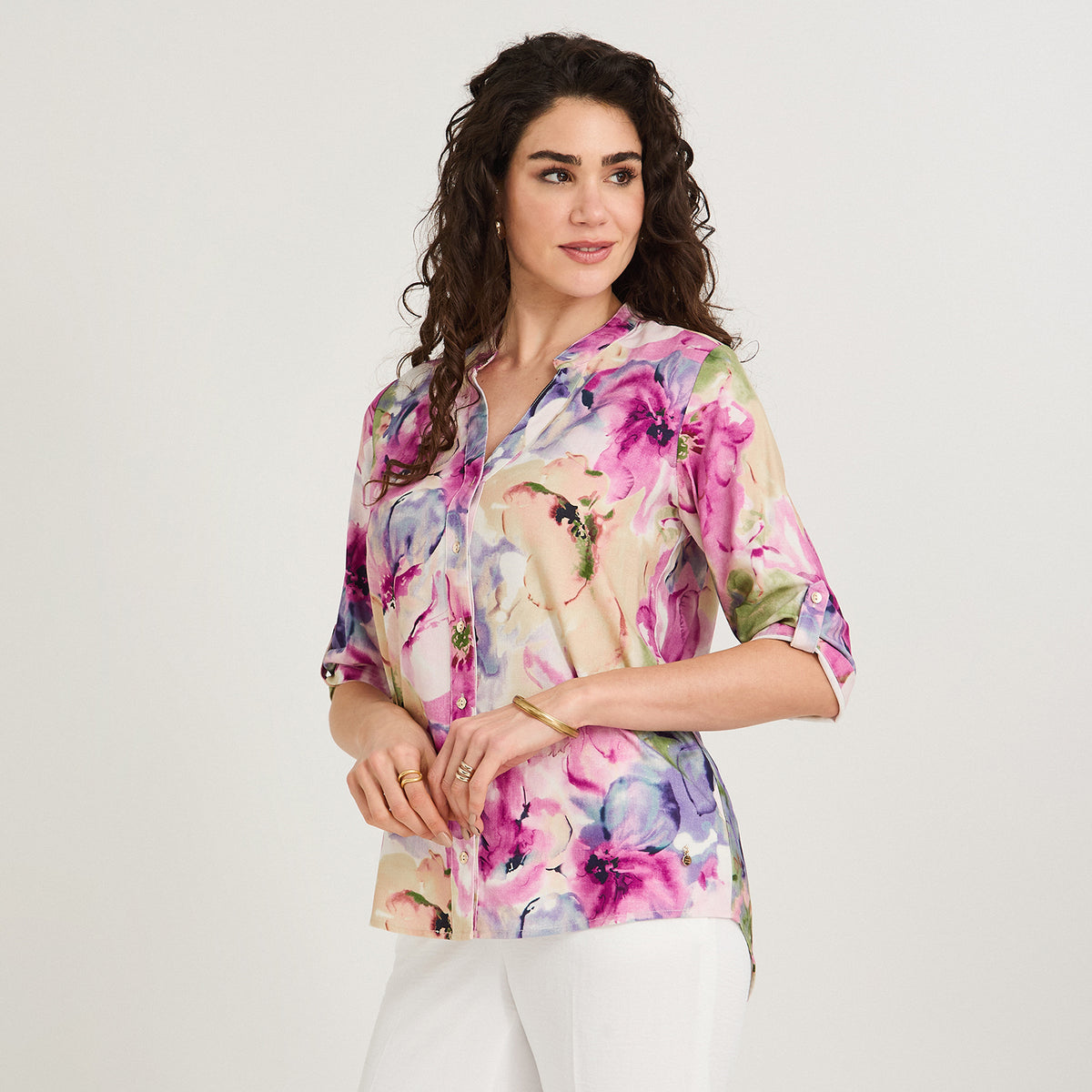 Blusa Lino Estampada Cuello Mao y Manga Roll Up Fucsia