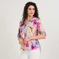 Blusa Lino Estampada Cuello Mao y Manga Roll Up Fucsia