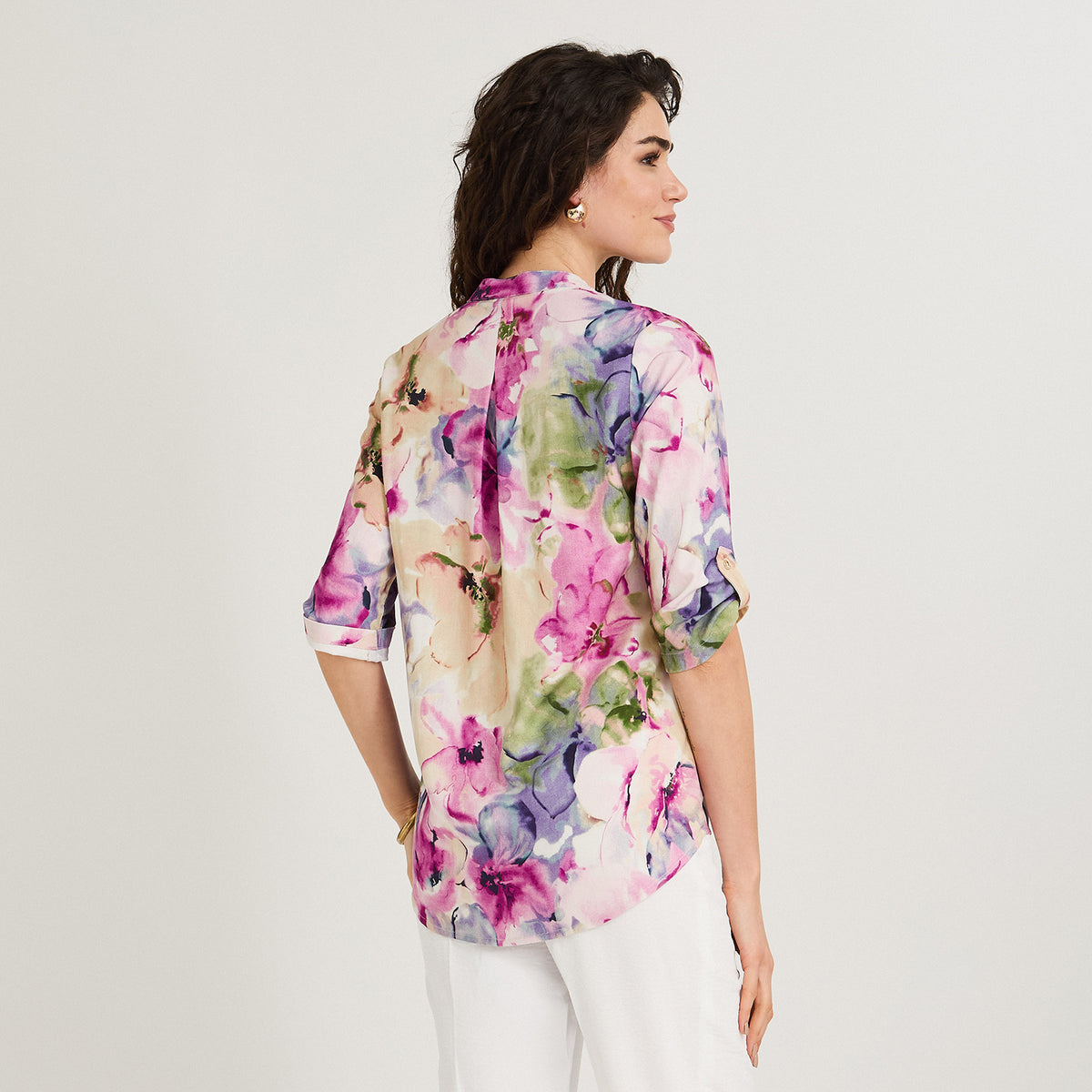 Blusa Lino Estampada Cuello Mao y Manga Roll Up Fucsia